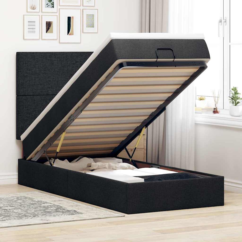 Cadre de lit ottoman avec matelas noir 90x200 cm tissu