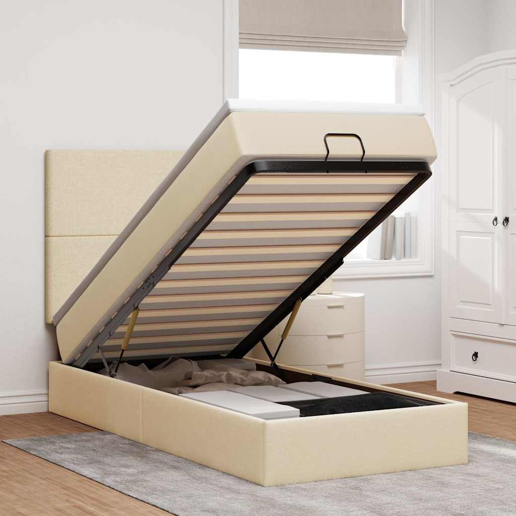 Lit ottoman avec matelas et LED crème 90x200 cm tissu - XIOS