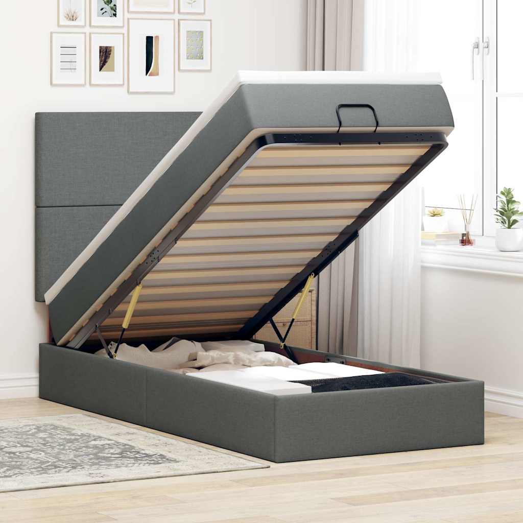 Cadre de lit ottoman avec matelas gris foncé 100x200 cm tissu - XIOS
