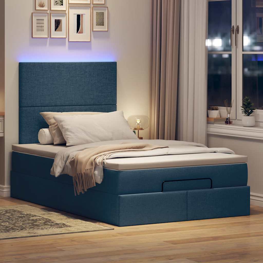 Cadre de lit ottoman avec matelas bleu 120x190 cm tissu