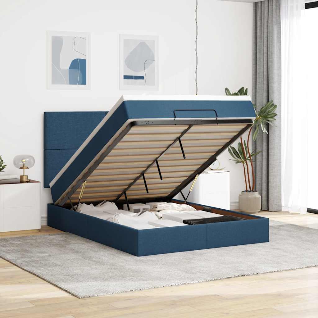 Cadre de lit ottoman avec matelas bleu 140x190 cm tissu - XIOS