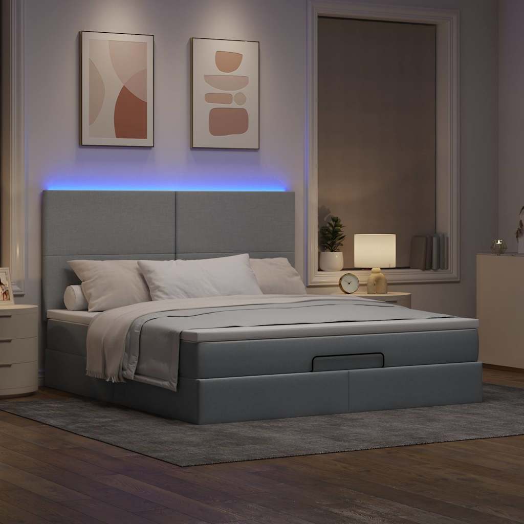 Cadre de lit ottoman et matelas gris clair 160x200cm tissu - XIOS