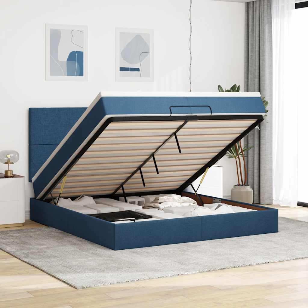 Cadre de lit ottoman avec matelas bleu 200x200cm tissu - XIOS
