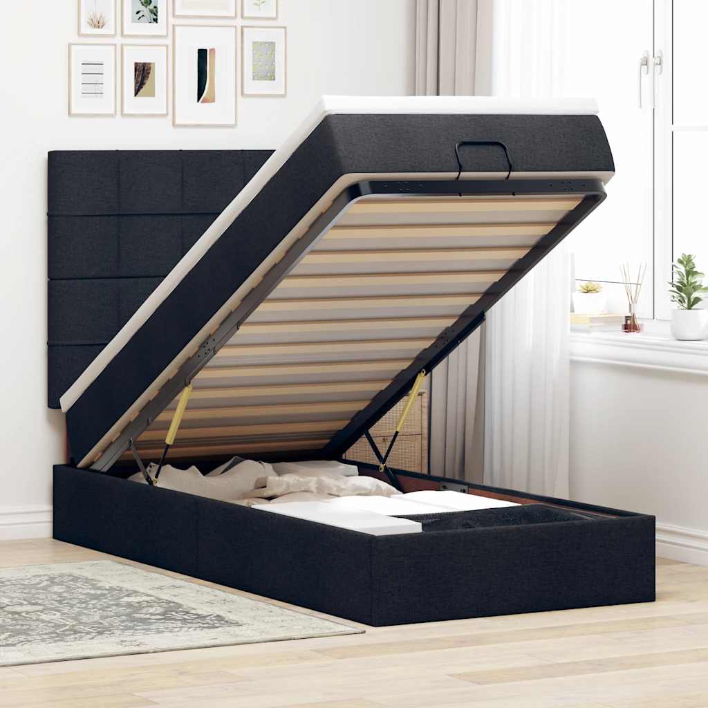 Cadre de lit ottoman avec matelas noir 90x190 cm tissu - XIOS