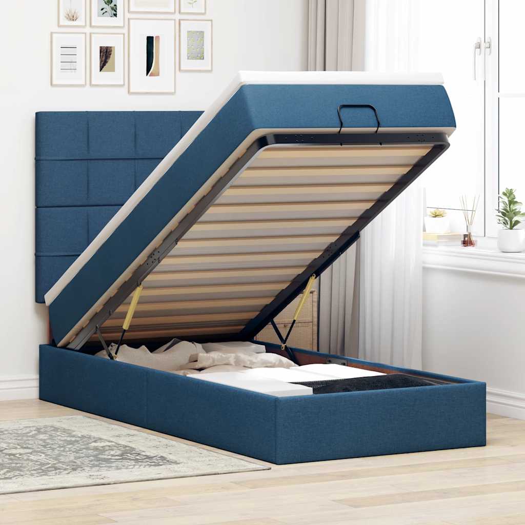 Cadre de lit ottoman avec matelas bleu 90x190 cm tissu - XIOS
