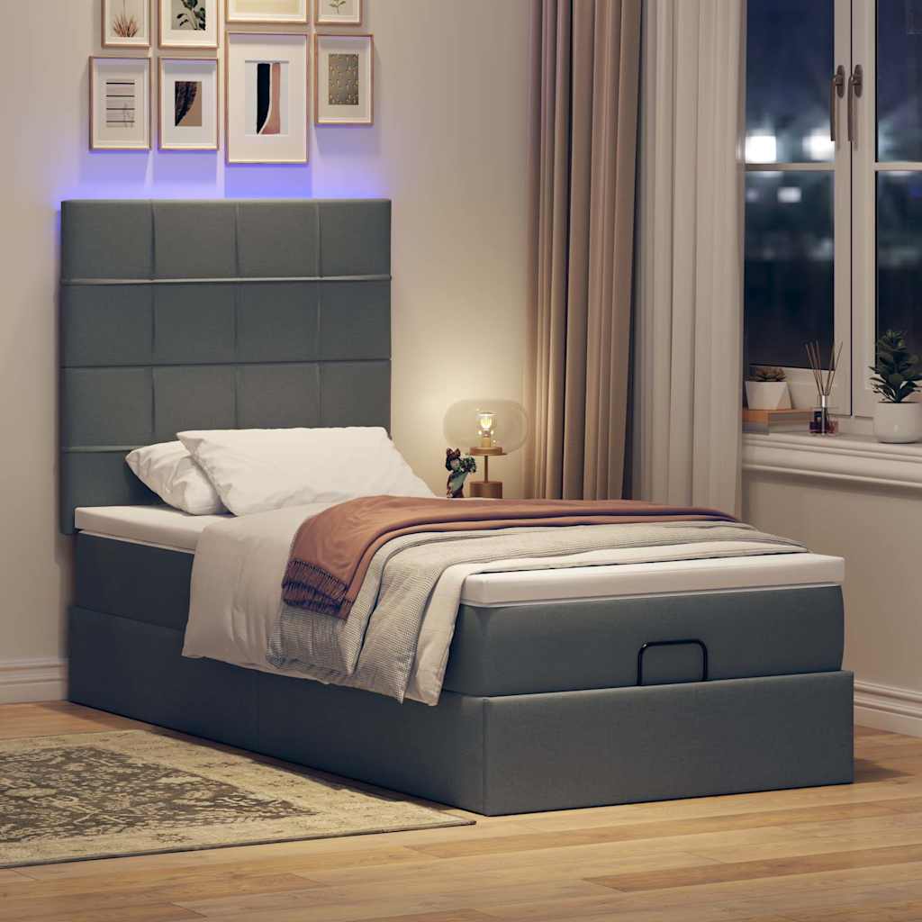 Lit ottoman avec matelas et LED gris foncé 90x200 cm tissu - XIOS