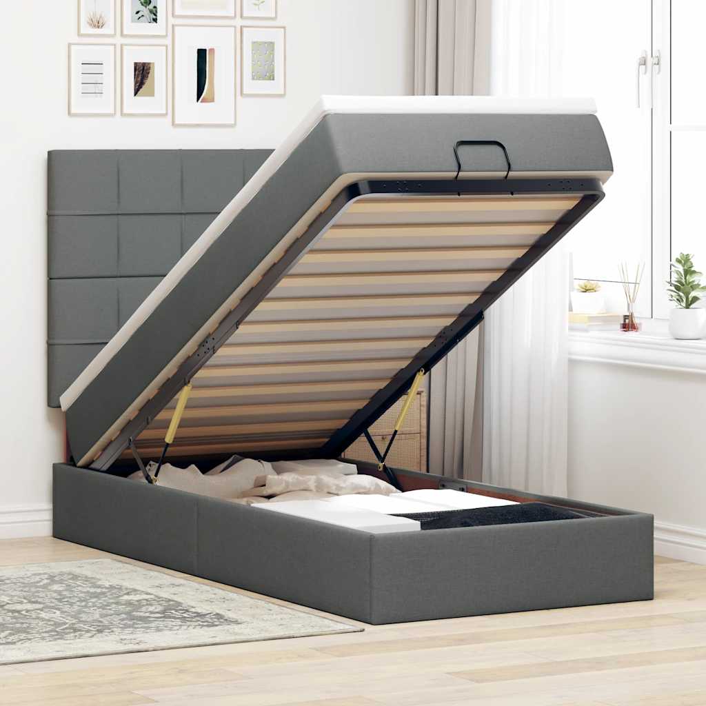 Lit ottoman avec matelas et LED gris foncé 90x200 cm tissu - XIOS