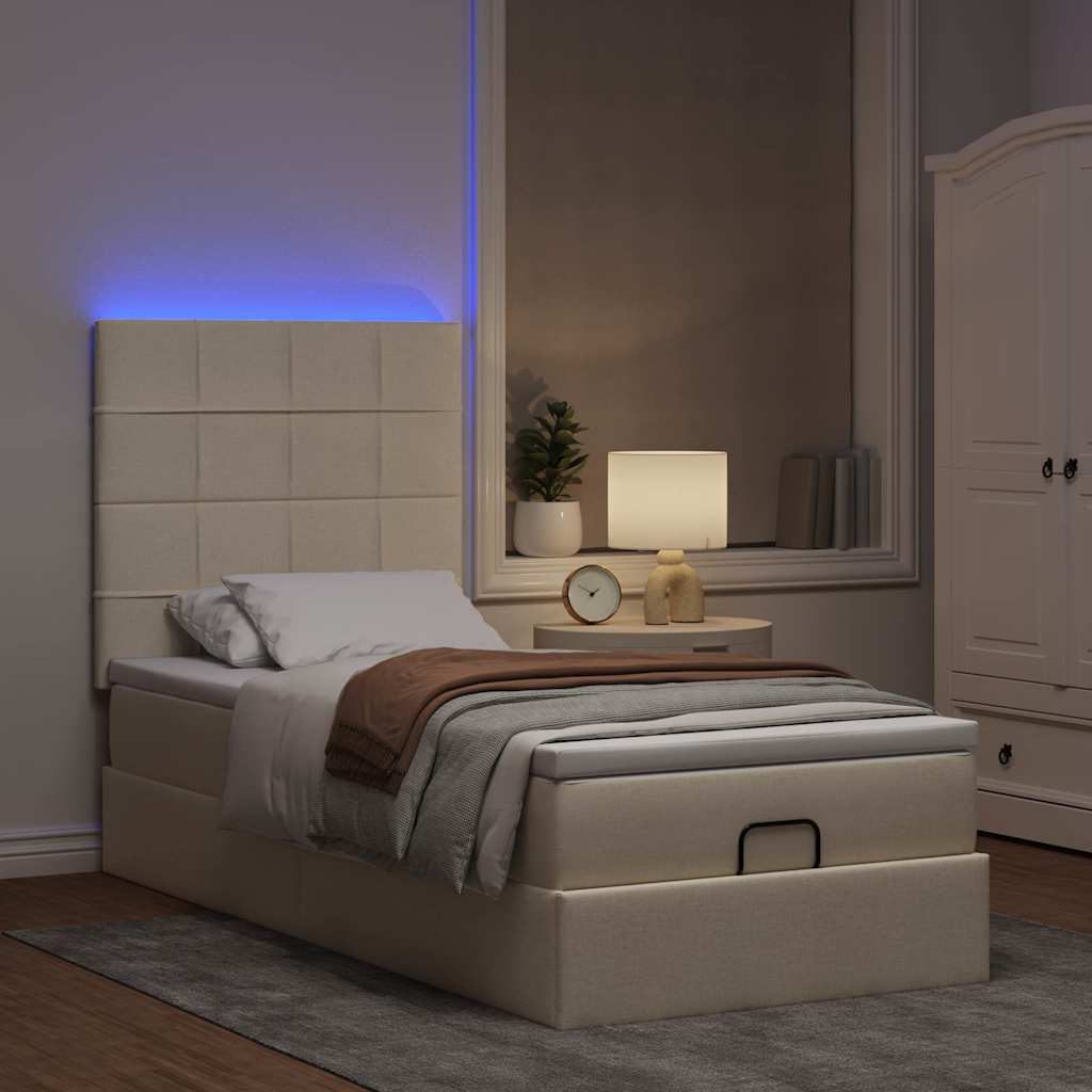 Lit ottoman avec matelas et LED crème 90x200 cm tissu - XIOS