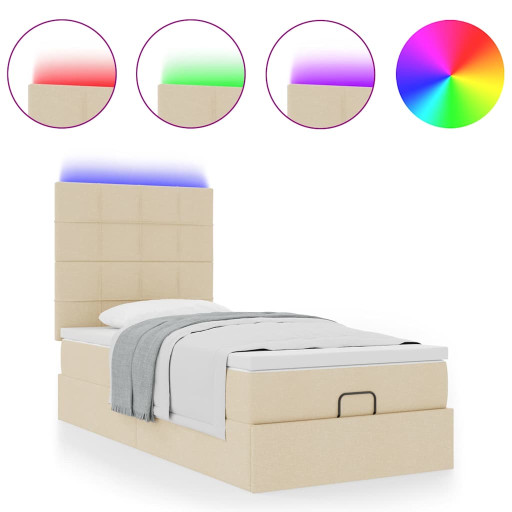 Lit ottoman avec matelas et LED crème 90x200 cm tissu - XIOS