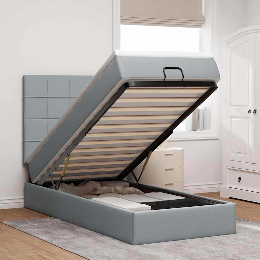 Cadre de lit ottoman et matelas gris clair 100x200 cm tissu - XIOS
