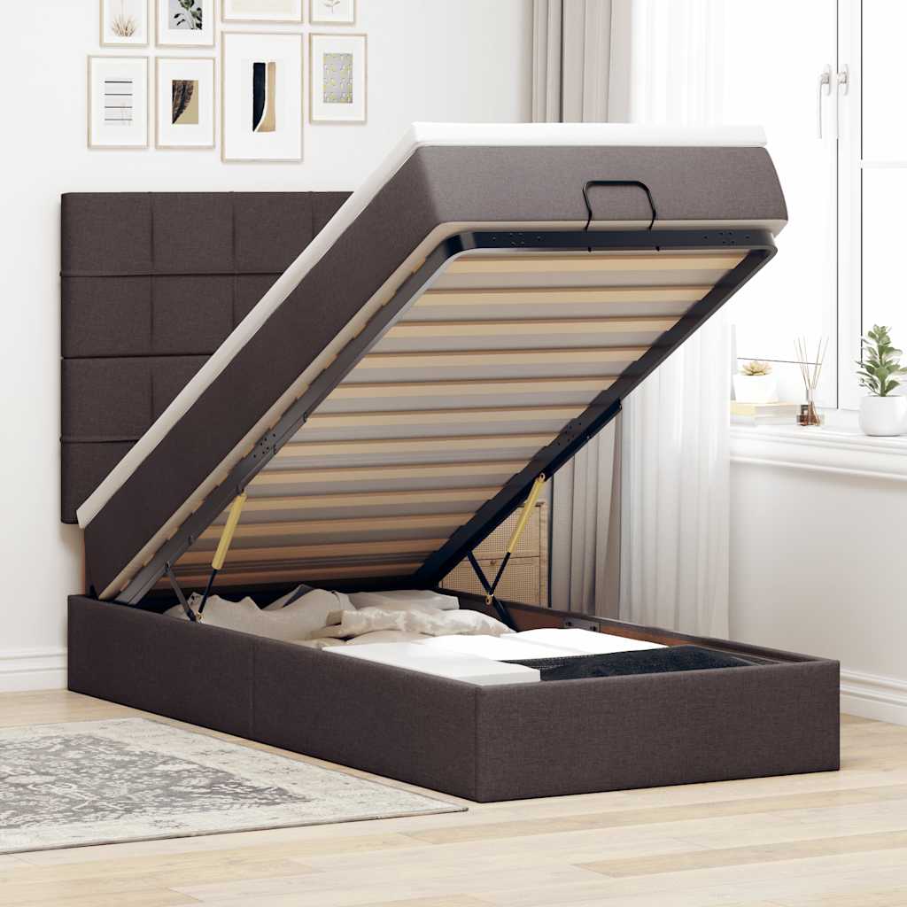 Cadre de lit ottoman avec matelas marron foncé 100x200 cm tissu - XIOS