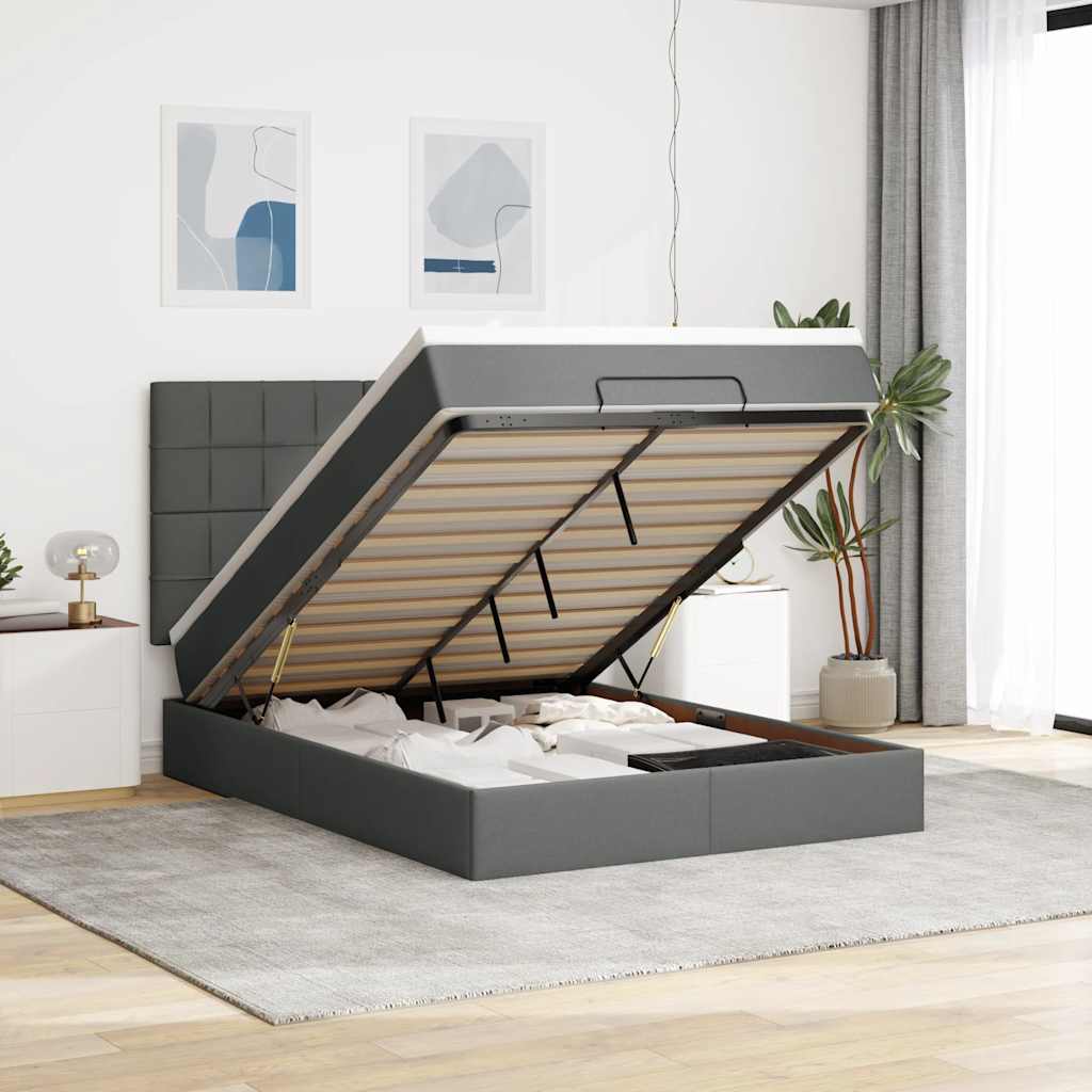 Cadre de lit ottoman avec matelas gris foncé 140x190 cm tissu - XIOS