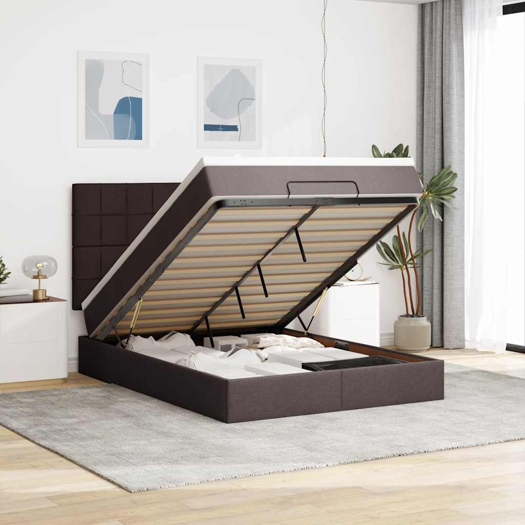 Cadre de lit ottoman avec matelas marron foncé 140x200 cm tissu - XIOS