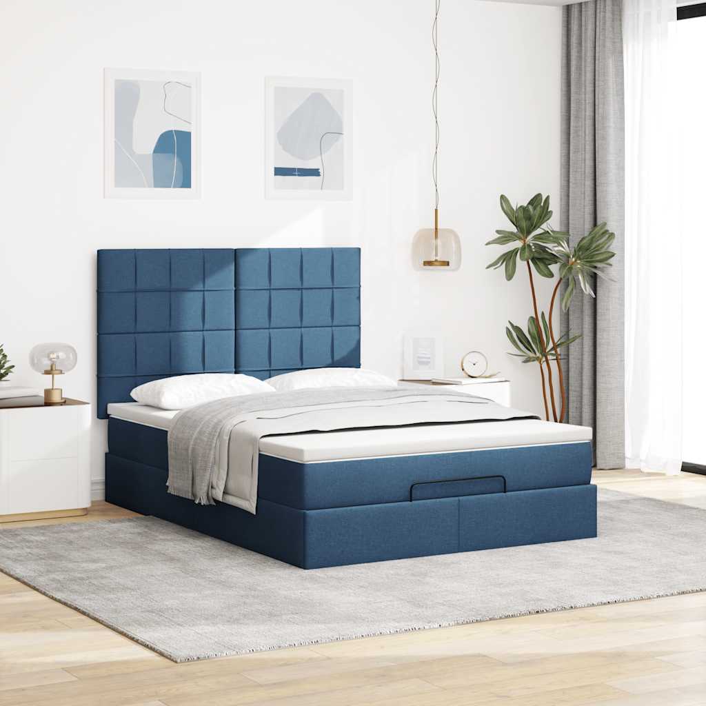 Cadre de lit ottoman avec matelas bleu 140x200 cm tissu - XIOS