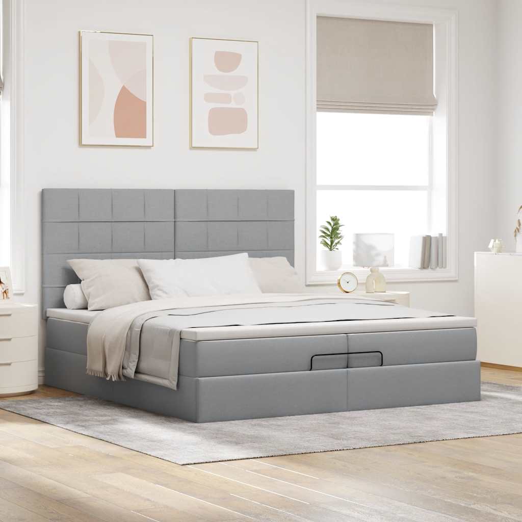 Cadre de lit ottoman et matelas gris clair 200x200cm tissu - XIOS