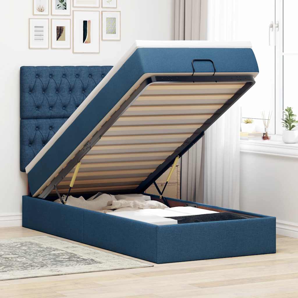 Cadre de lit ottoman avec matelas bleu 90x190 cm tissu