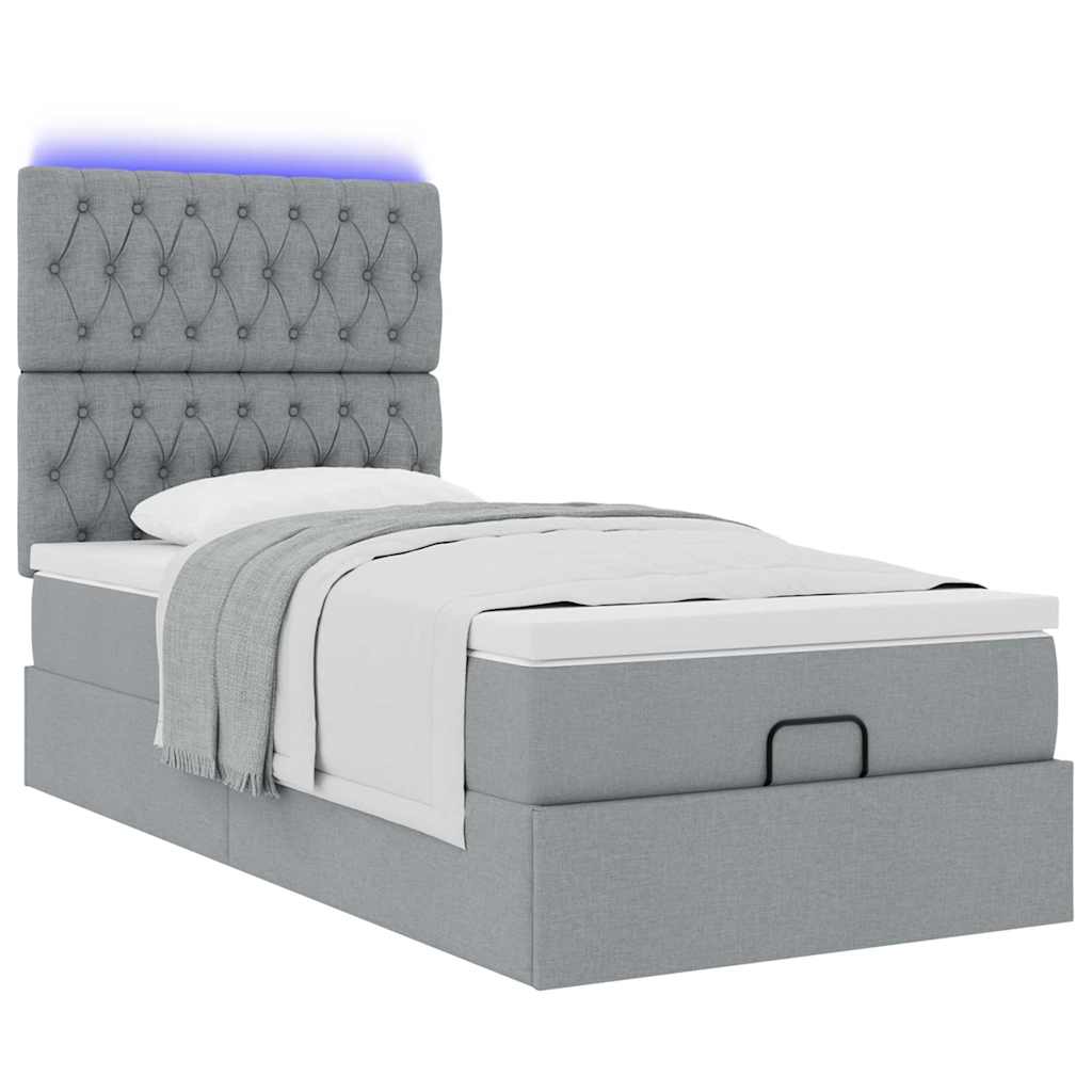 Lit ottoman avec matelas et LED gris clair 90x200 cm tissu - XIOS