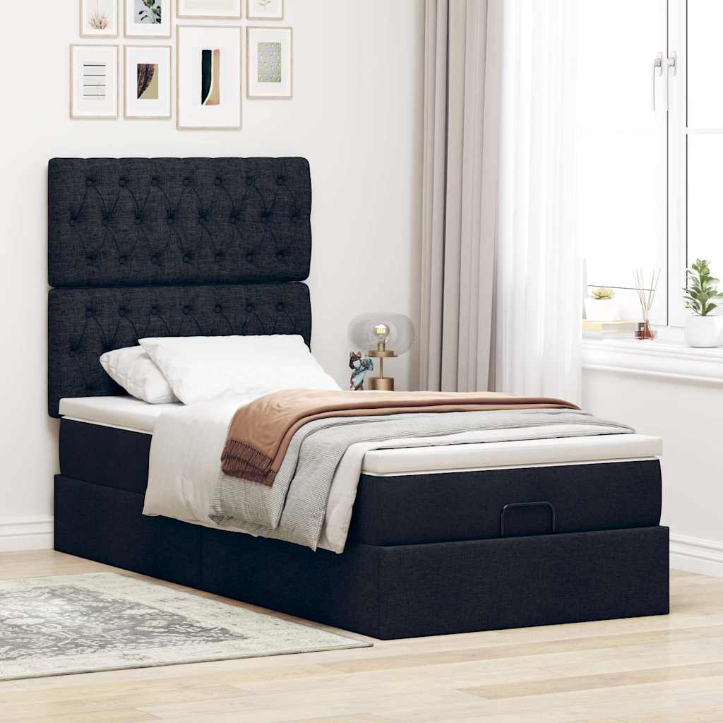 Cadre de lit ottoman avec matelas noir 90x200 cm tissu - XIOS