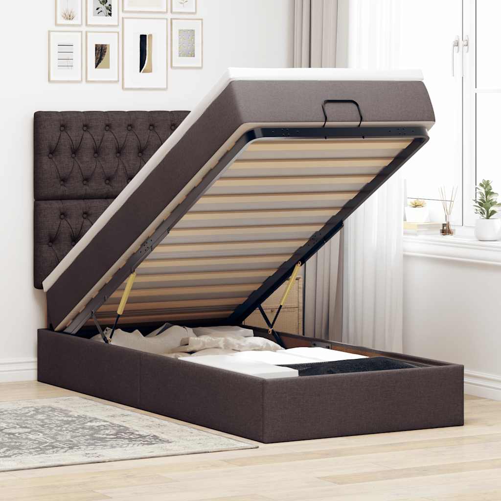 Lit ottoman avec matelas et LED marron foncé 90x200 cm tissu
