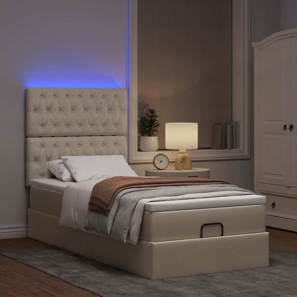 Lit ottoman avec matelas et LED crème 90x200 cm tissu - XIOS