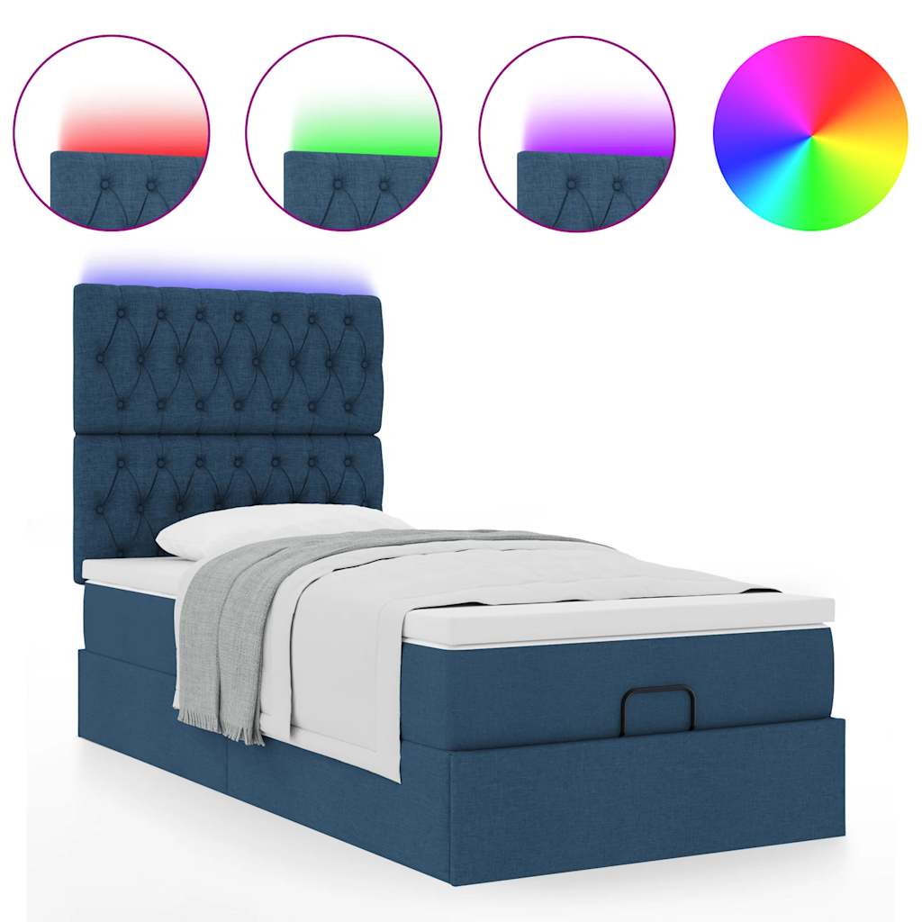 Lit ottoman avec matelas et LED Bleu 90x200 cm Tissu