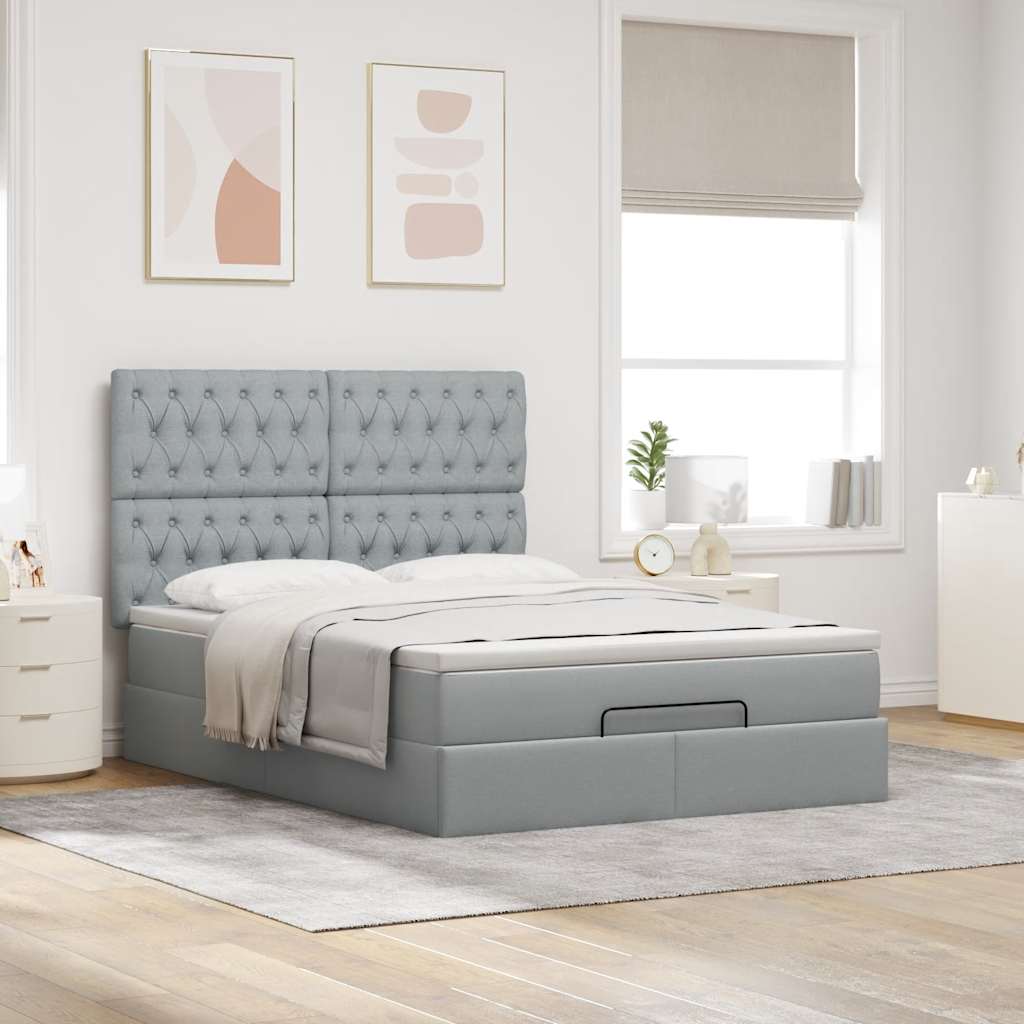 Cadre de lit ottoman et matelas gris clair 140x190 cm tissu - XIOS