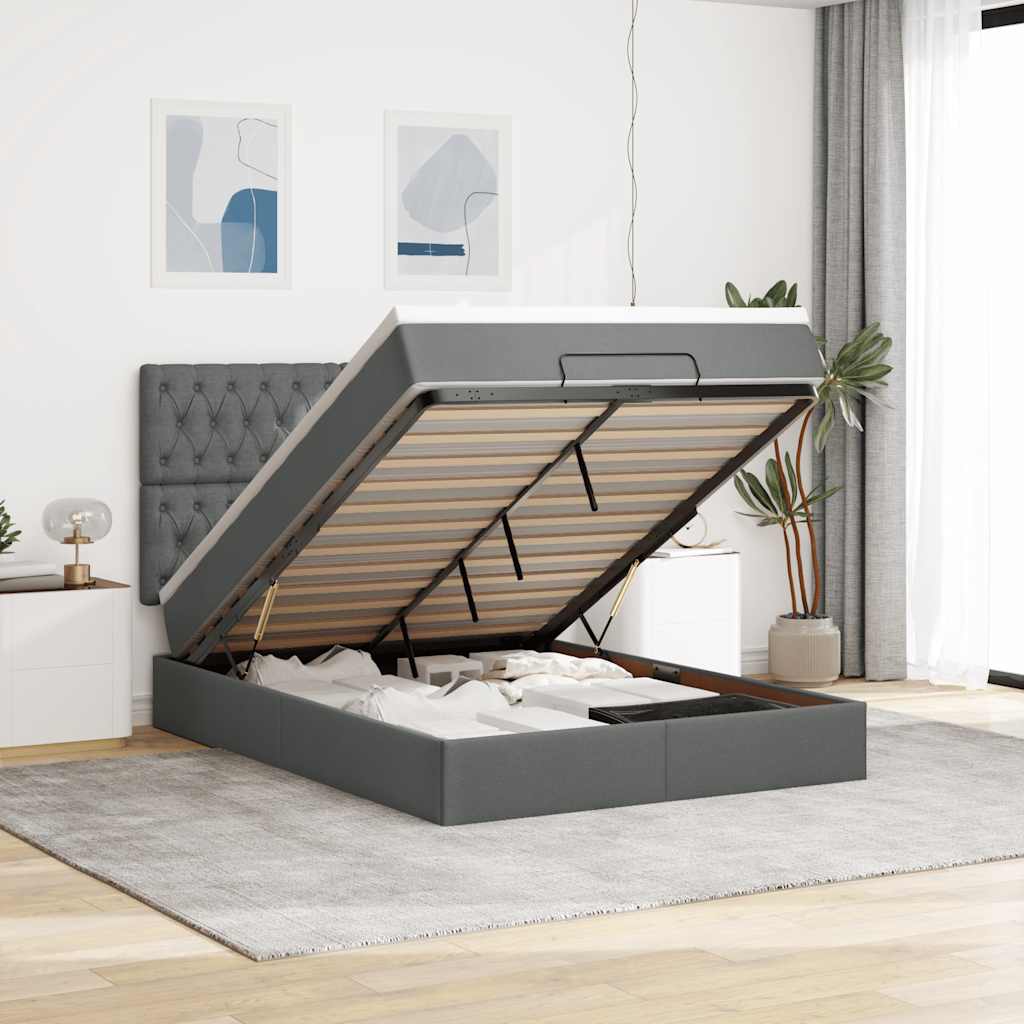 Cadre de lit ottoman avec matelas gris foncé 140x190 cm tissu - XIOS