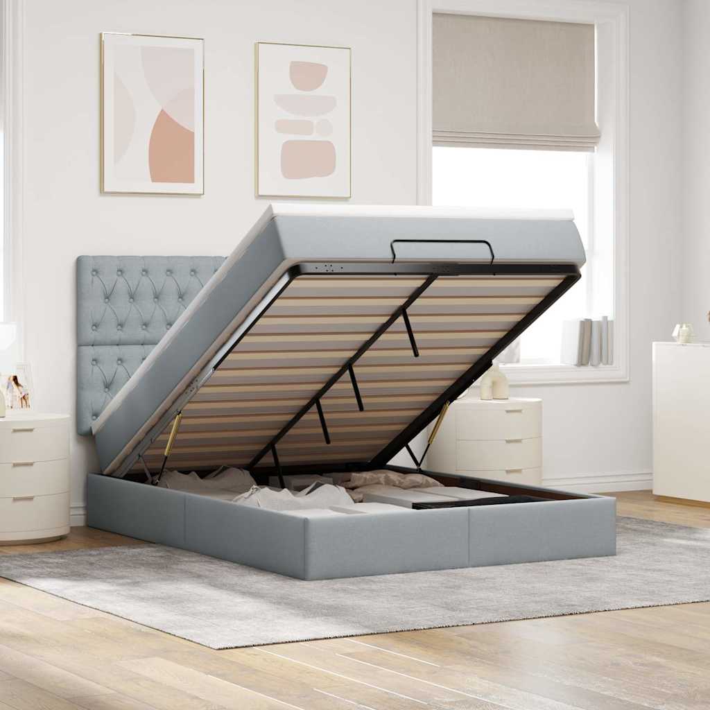 Cadre de lit ottoman et matelas gris clair 140x200 cm tissu - XIOS