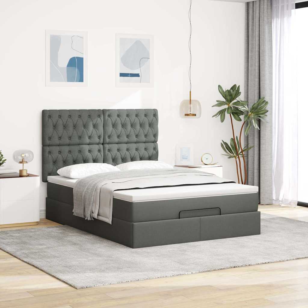 Cadre de lit ottoman avec matelas gris foncé 140x200 cm tissu - XIOS