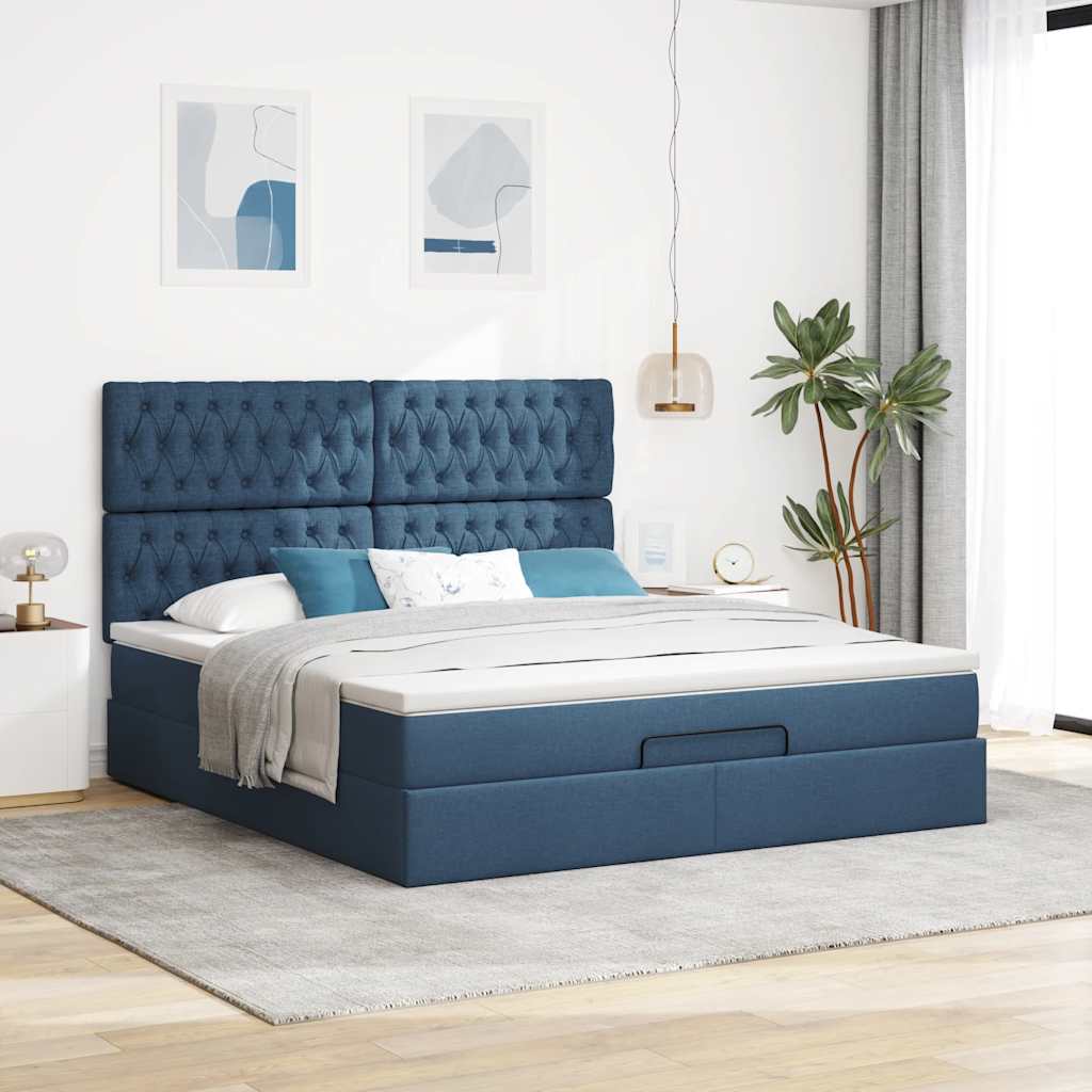Cadre de lit ottoman avec matelas bleu 160x200 cm tissu - XIOS