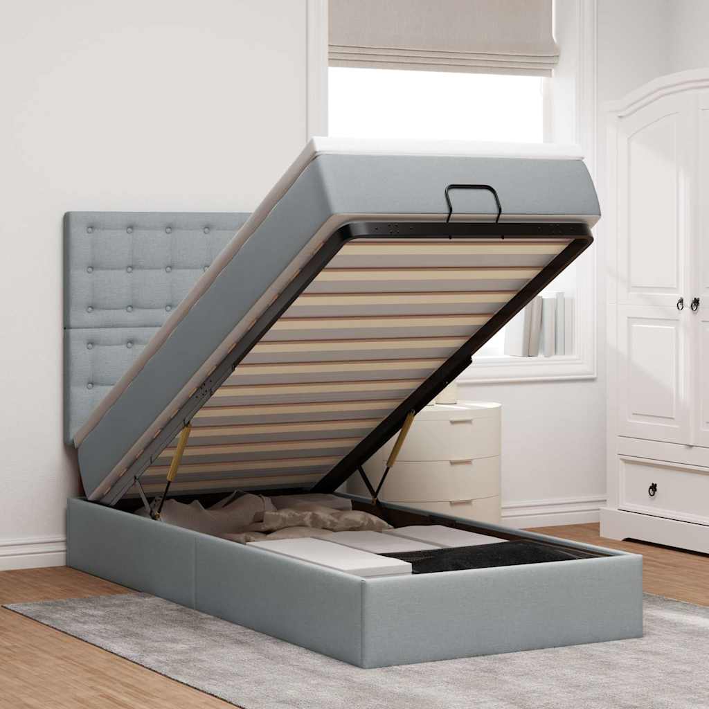 Cadre de lit ottoman et matelas gris clair 90x190 cm tissu - XIOS
