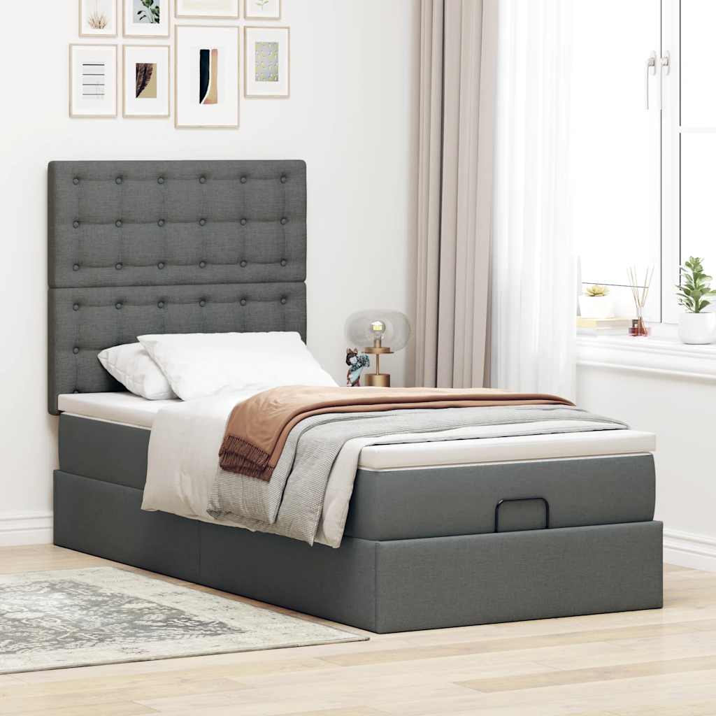 Cadre de lit ottoman avec matelas gris foncé 90x190 cm tissu - XIOS
