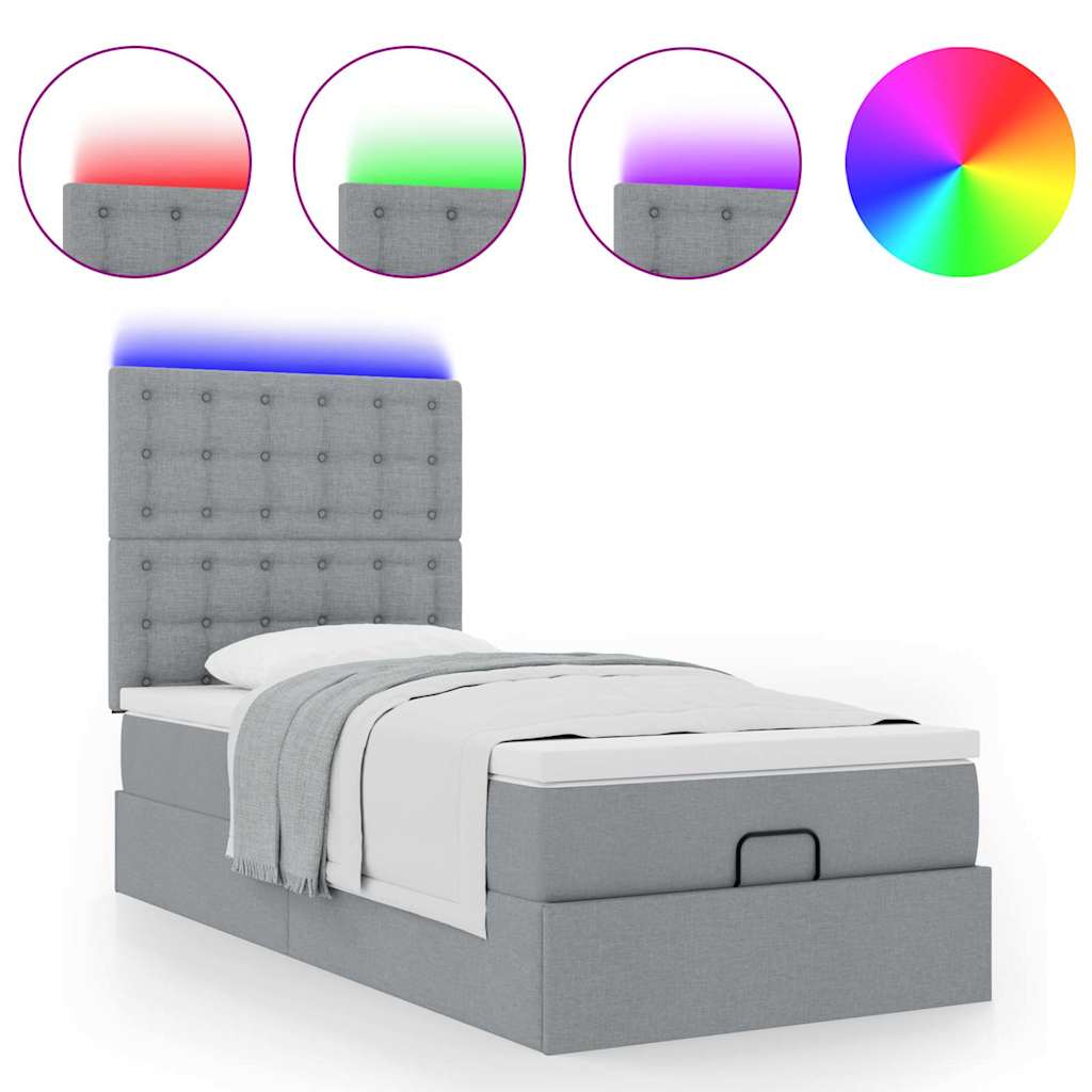 Lit ottoman avec matelas et LED gris clair 90x200 cm tissu - XIOS