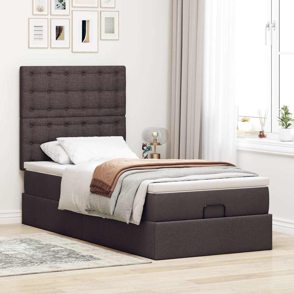 Lit ottoman avec matelas et LED marron foncé 90x200 cm tissu - XIOS