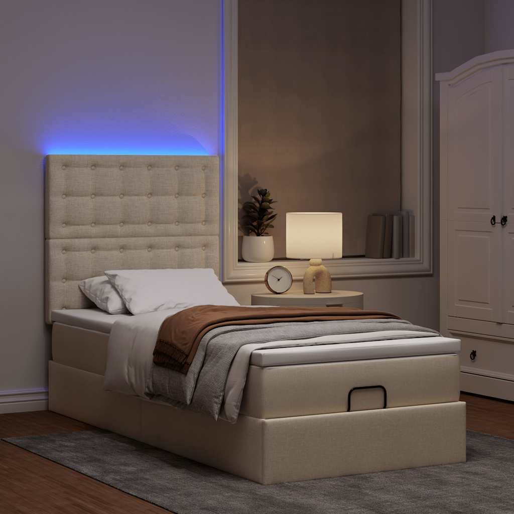 Lit ottoman avec matelas et LED crème 90x200 cm tissu - XIOS