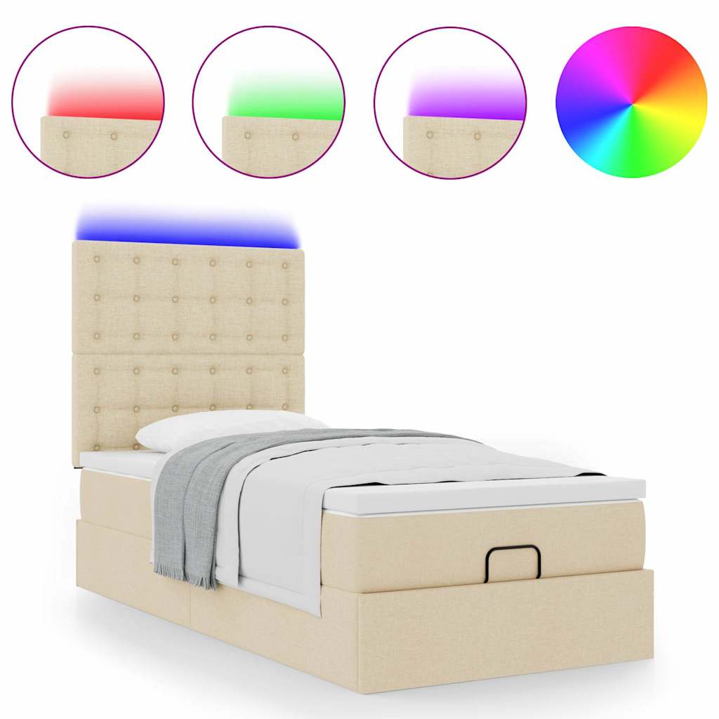 Lit ottoman avec matelas et LED crème 90x200 cm tissu - XIOS