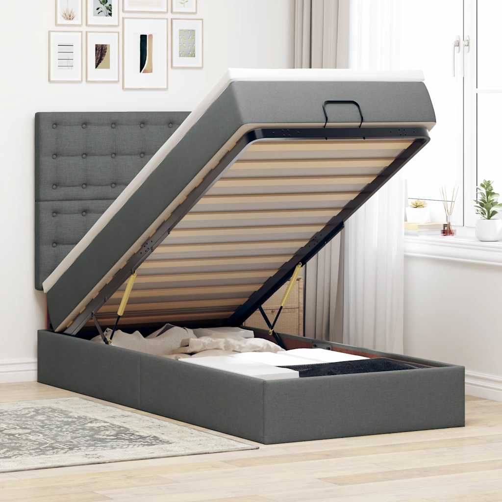 Cadre de lit ottoman avec matelas gris foncé 100x200 cm tissu - XIOS