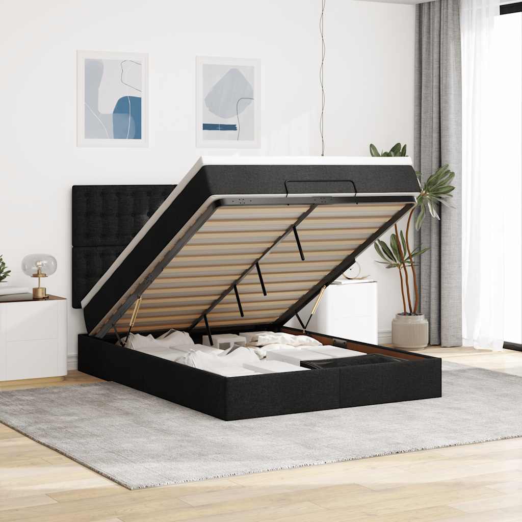 Cadre de lit ottoman avec matelas noir 140x190 cm tissu - XIOS
