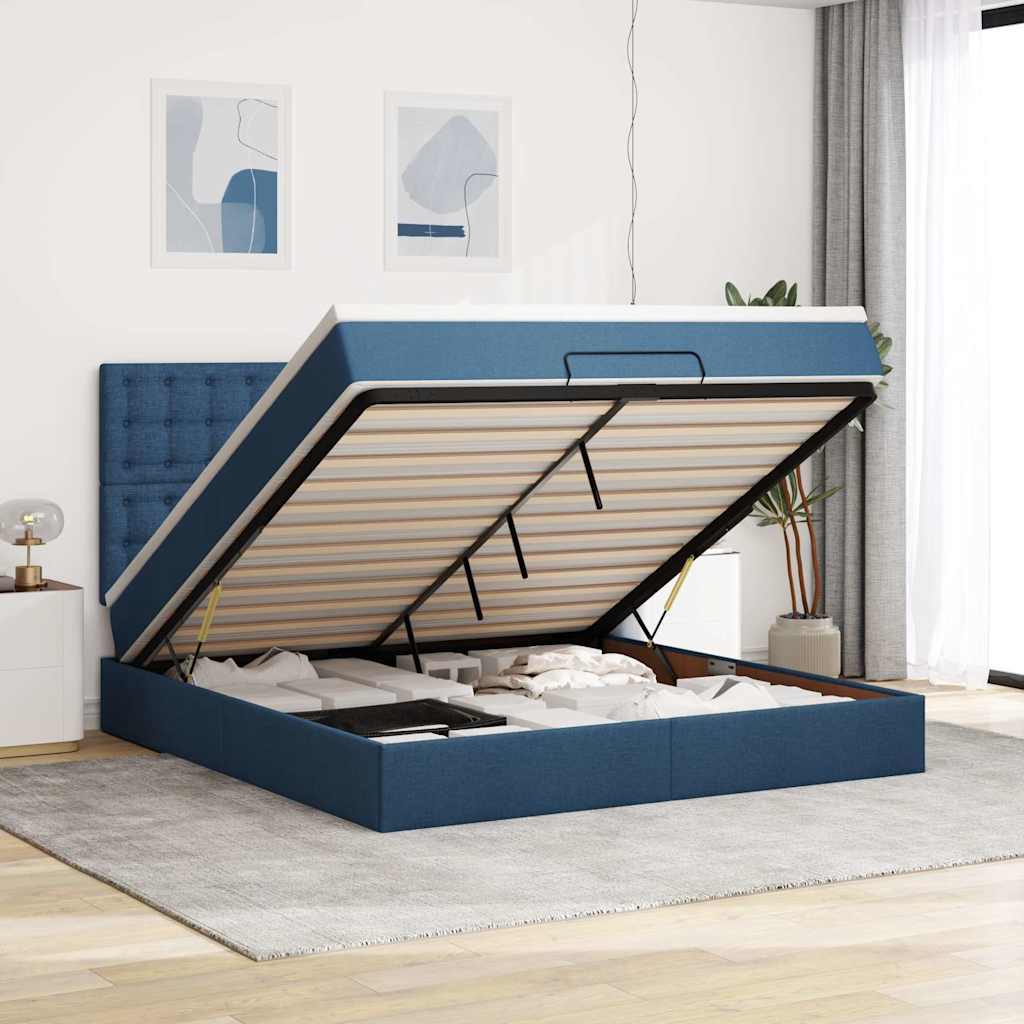 Cadre de lit ottoman avec matelas bleu 180x200 cm tissu - XIOS