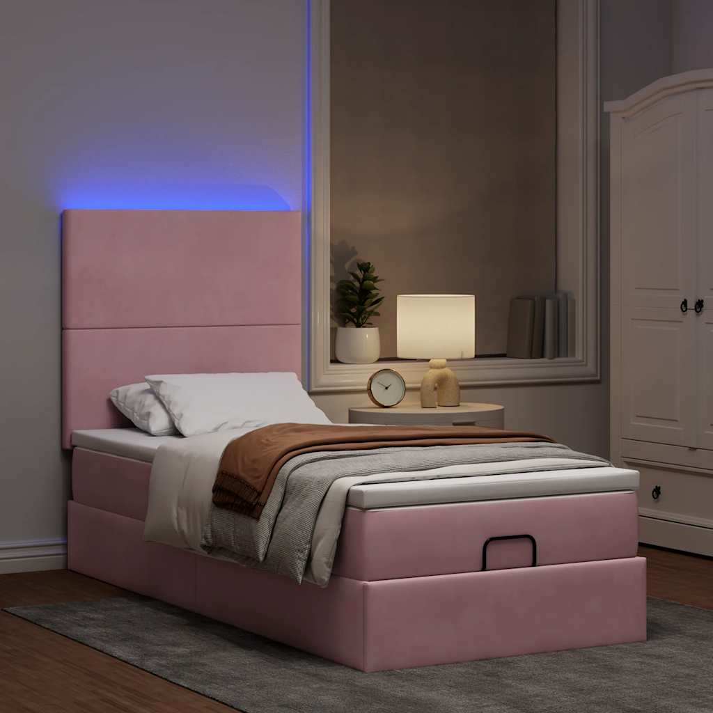 Cadre de lit ottoman avec matelas rose 80x200 cm velours - XIOS