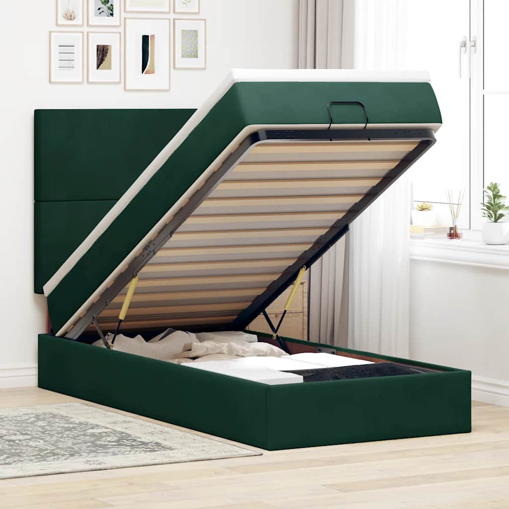 Cadre de lit ottoman avec matelas vert foncé 90x190 cm velours - XIOS