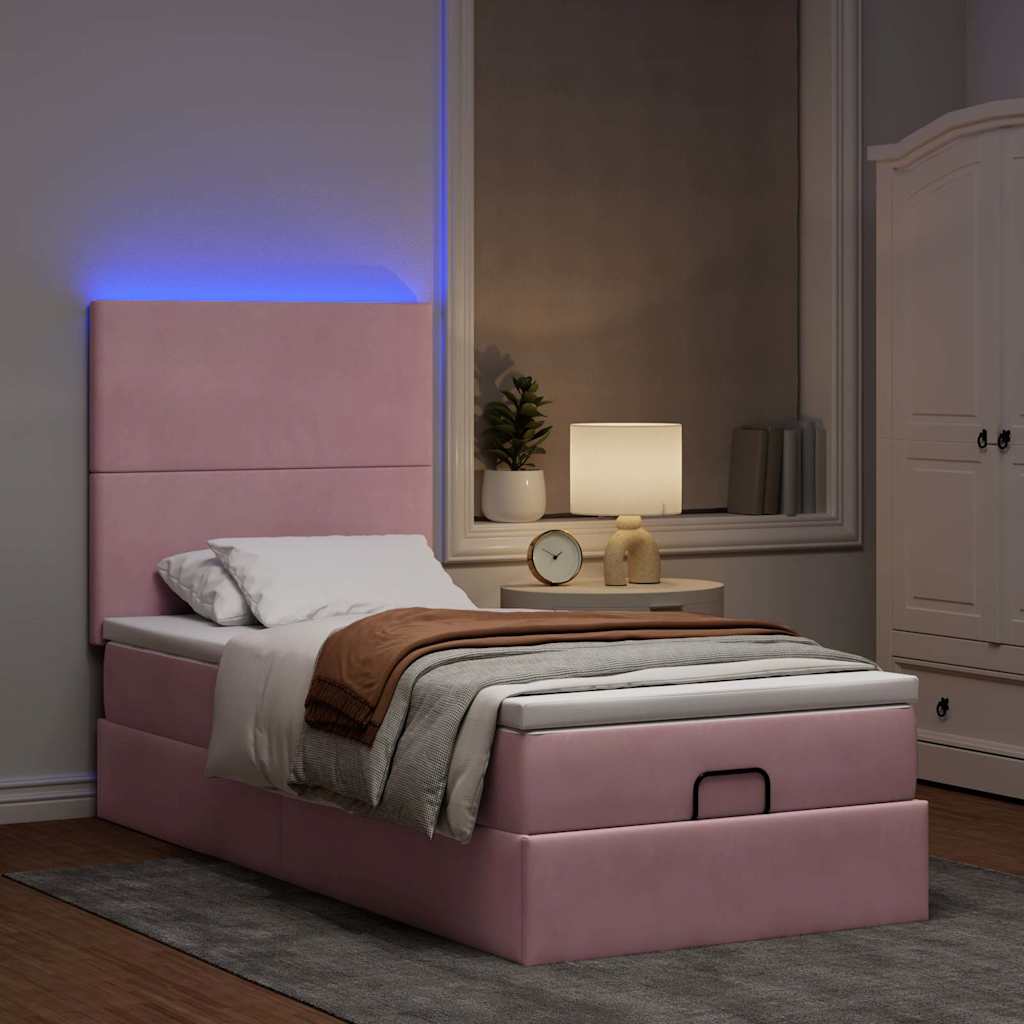 Cadre de lit ottoman avec matelas rose 90x190 cm velours - XIOS
