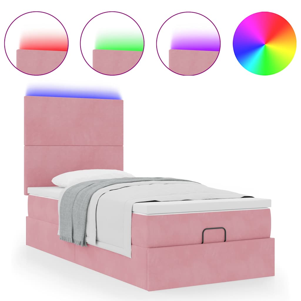 Cadre de lit ottoman avec matelas rose 90x190 cm velours - XIOS