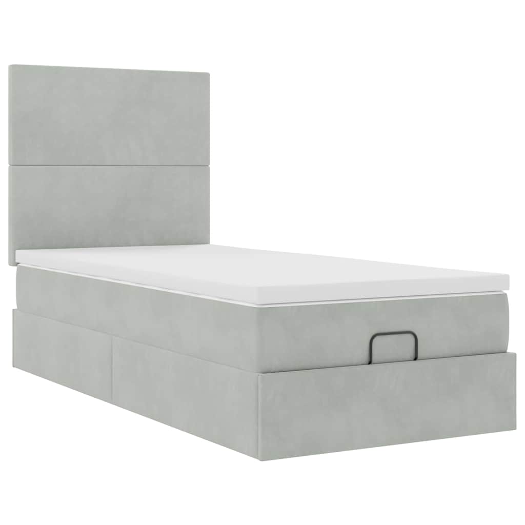 Cadre de lit ottoman et matelas gris clair 90x200 cm velours - XIOS