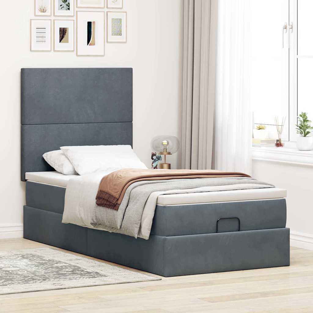 Cadre de lit ottoman et matelas gris foncé 90x200 cm velours - XIOS