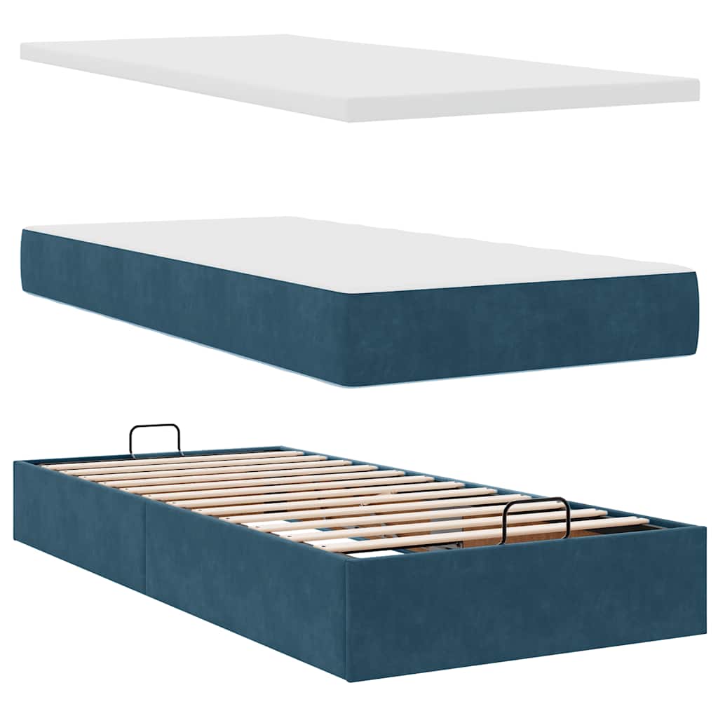Cadre de lit ottoman avec matelas bleu foncé 90x200 cm velours