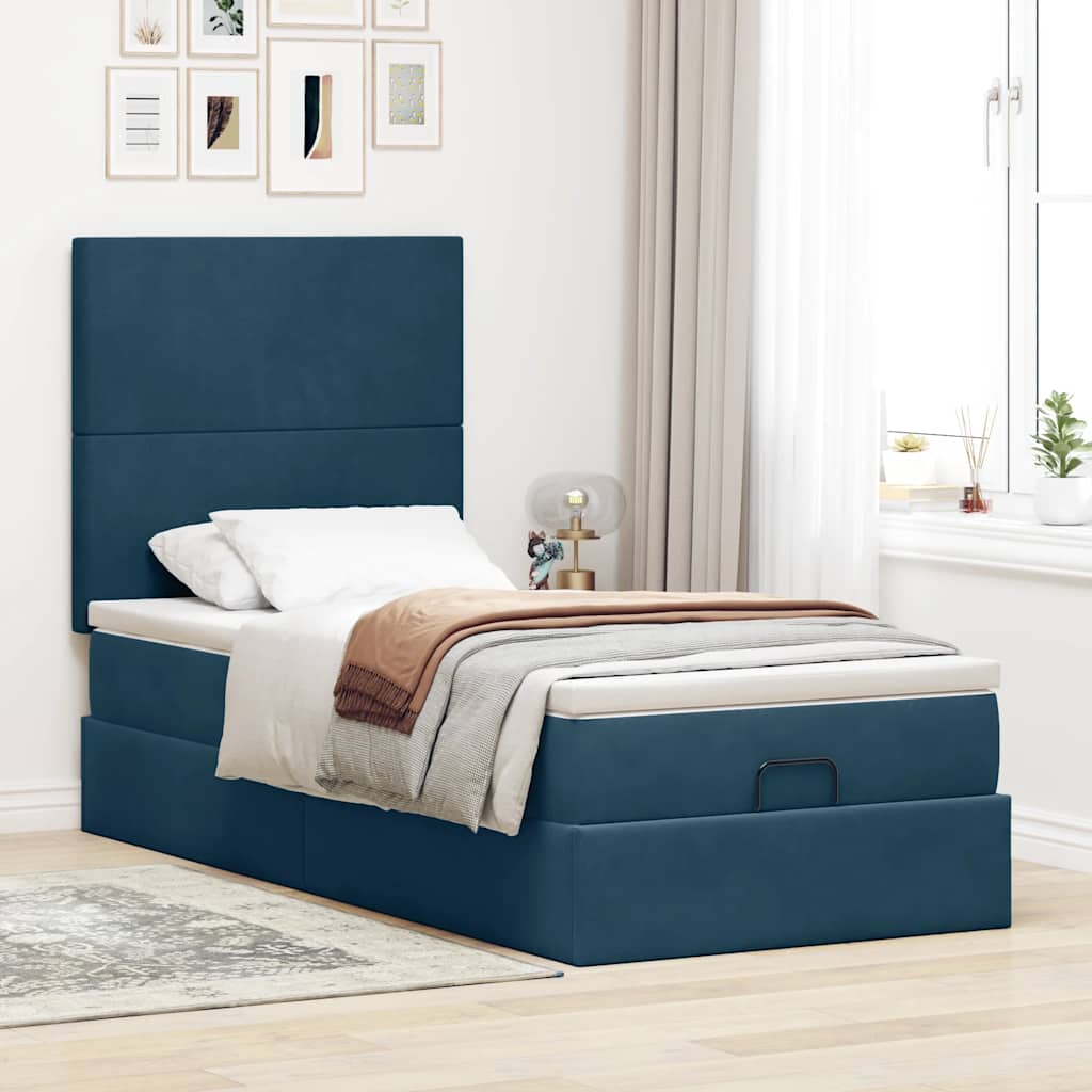 Cadre de lit ottoman avec matelas bleu foncé 100x200 cm velours - XIOS