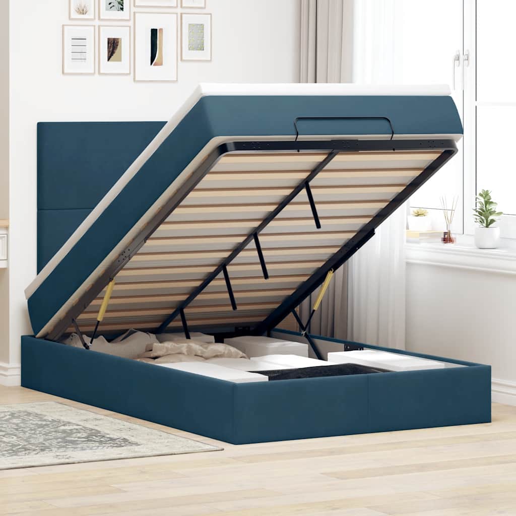 Cadre de lit ottoman avec matelas bleu foncé 120x190 cm velours - XIOS