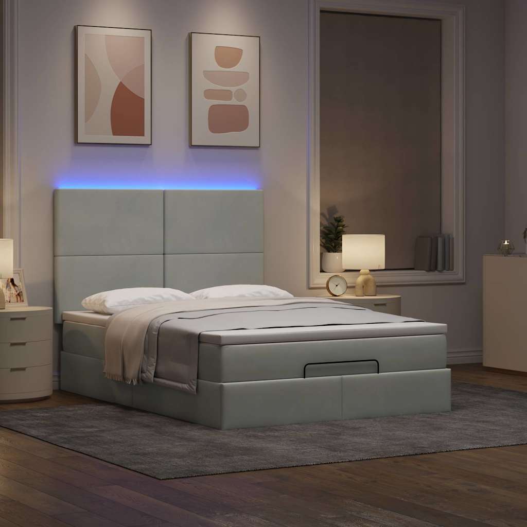 Cadre de lit ottoman et matelas gris clair 140x190 velours - XIOS