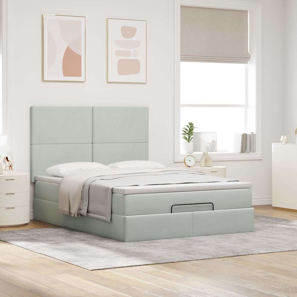 Cadre de lit ottoman et matelas gris clair 140x190 velours - XIOS